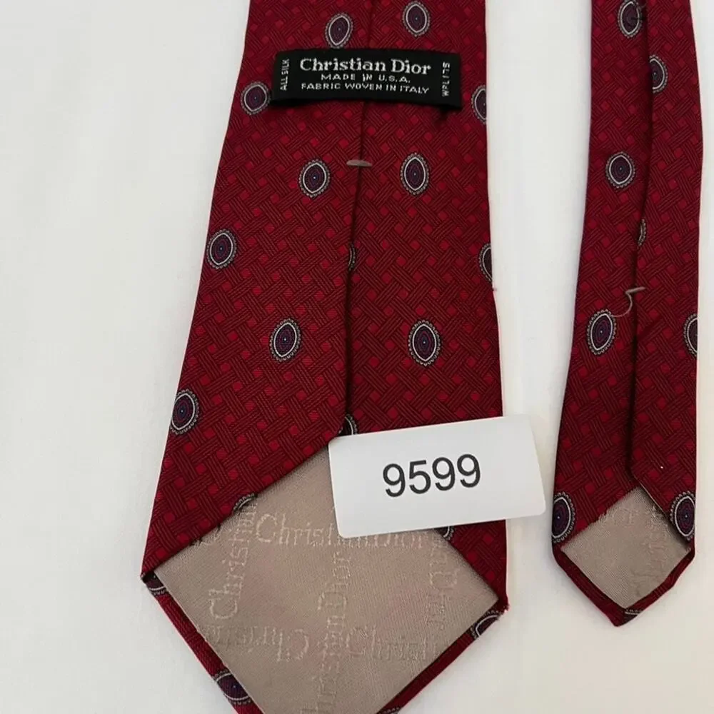 Vintage Christian Dior Mens' Red Silk Neck Tie All Over Print Fabric Woven Italy